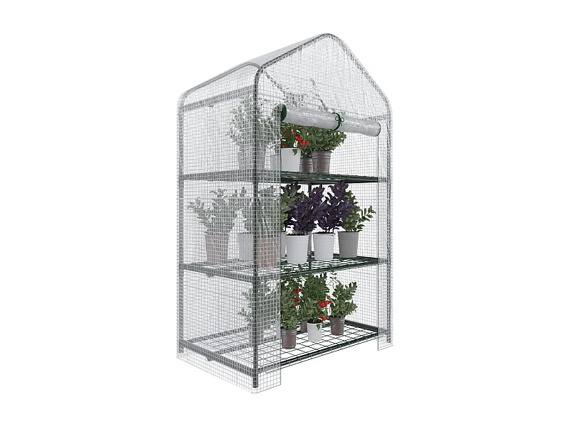 Serra A 3 Ripiani Da Giardino Per Orto Telaio In Acciaio Verniciato Telo In PVC Trasparente Porta Avvolgibile Apertura A Cerniera 69x49x125 Cm