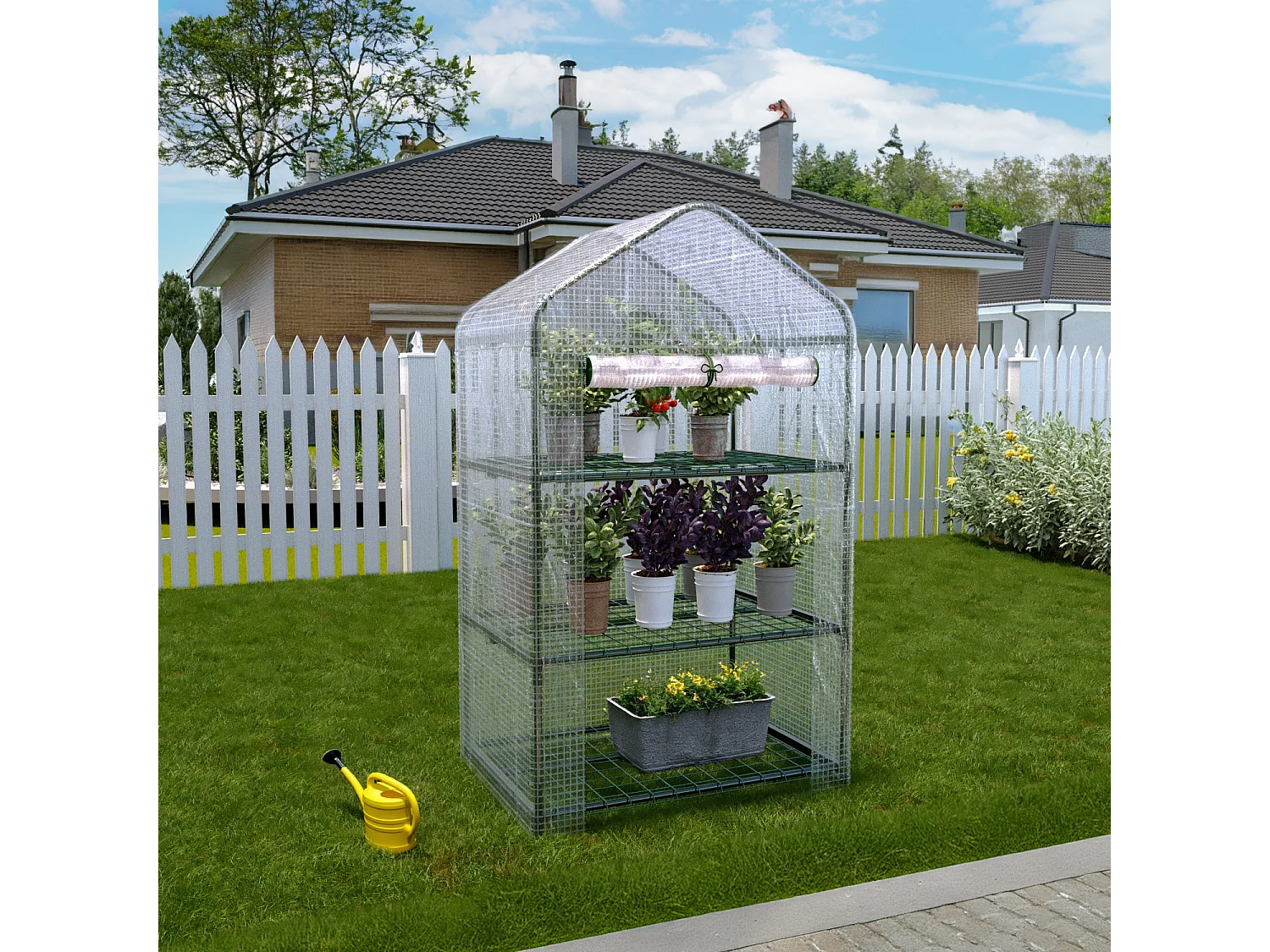 Serra A 3 Ripiani Da Giardino Per Orto Telaio In Acciaio Verniciato Telo In PVC Trasparente Porta Avvolgibile Apertura A Cerniera 69x49x125 Cm