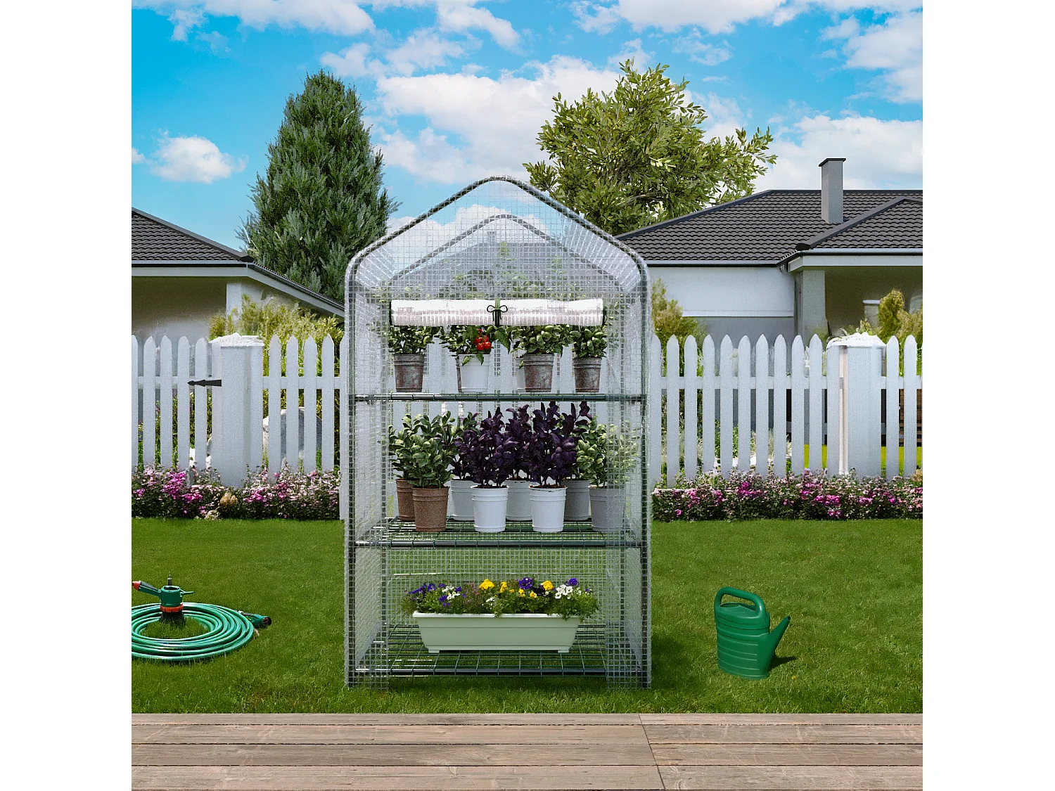 Serra A 3 Ripiani Da Giardino Per Orto Telaio In Acciaio Verniciato Telo In PVC Trasparente Porta Avvolgibile Apertura A Cerniera 69x49x125 Cm