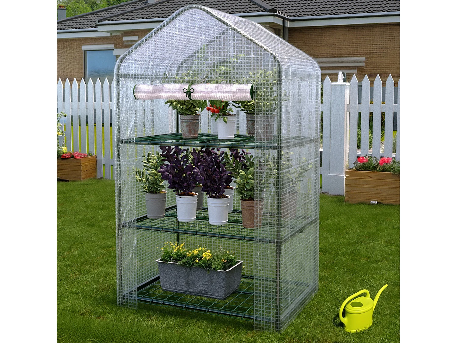 Serra A 3 Ripiani Da Giardino Per Orto Telaio In Acciaio Verniciato Telo In PVC Trasparente Porta Avvolgibile Apertura A Cerniera 69x49x125 Cm