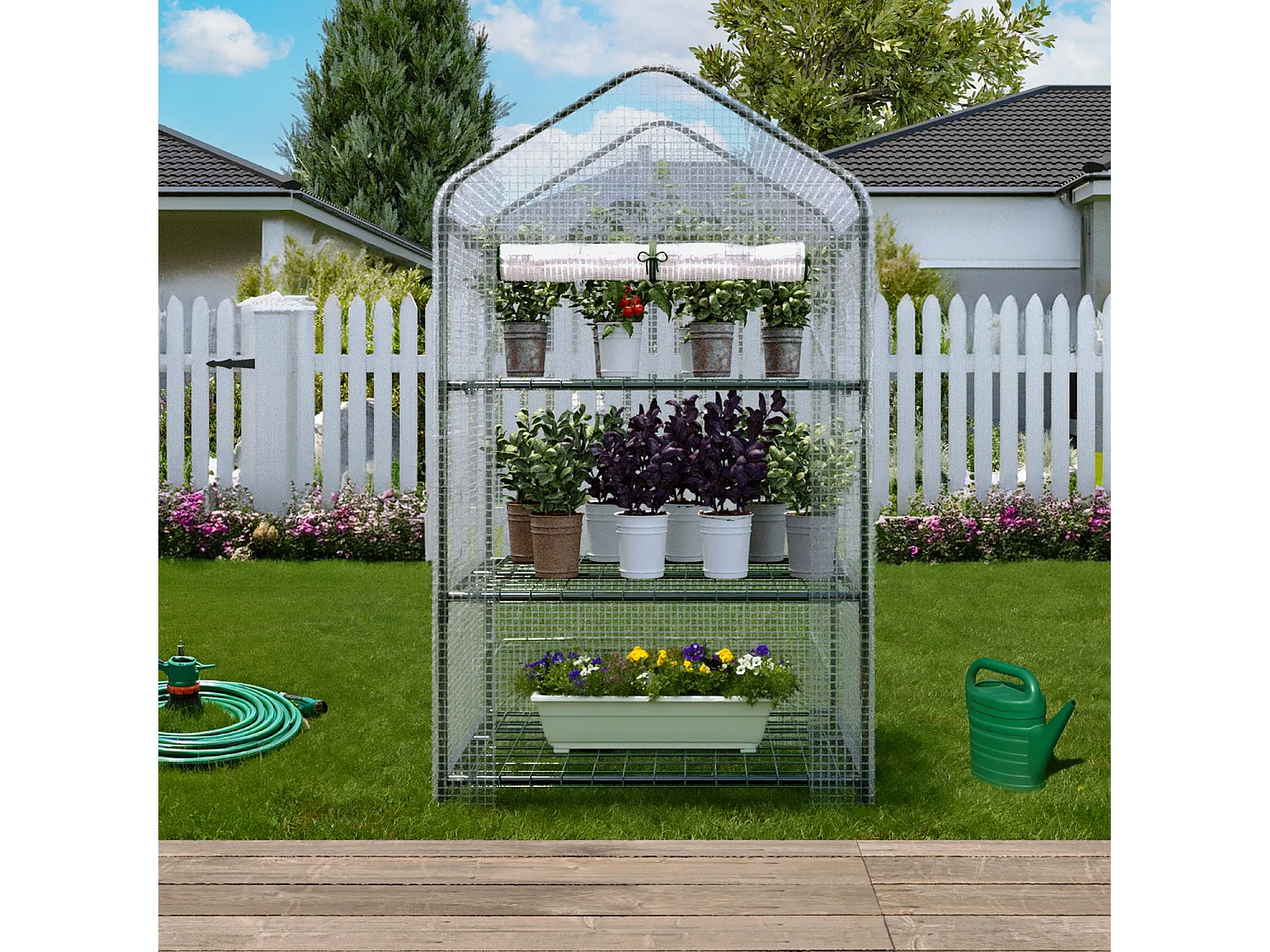 Serra A 3 Ripiani Da Giardino Per Orto Telaio In Acciaio Verniciato Telo In PVC Trasparente Porta Avvolgibile Apertura A Cerniera 69x49x125 Cm