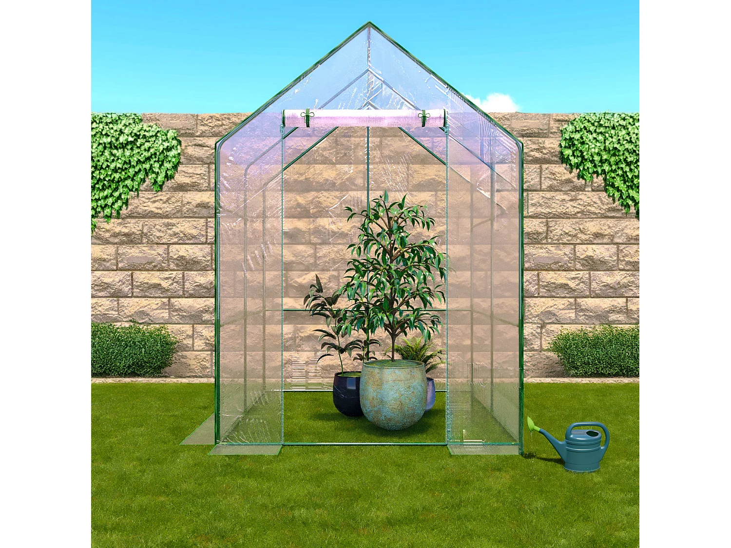 Serra Per Orto Giardino Terrazzo Balcone Senza Ripiani Struttura Metallo Verniciato Telo Trasparente PVC Porta Avvolgibile Apertura A Cerniera 140 x 140 x 195 Cm