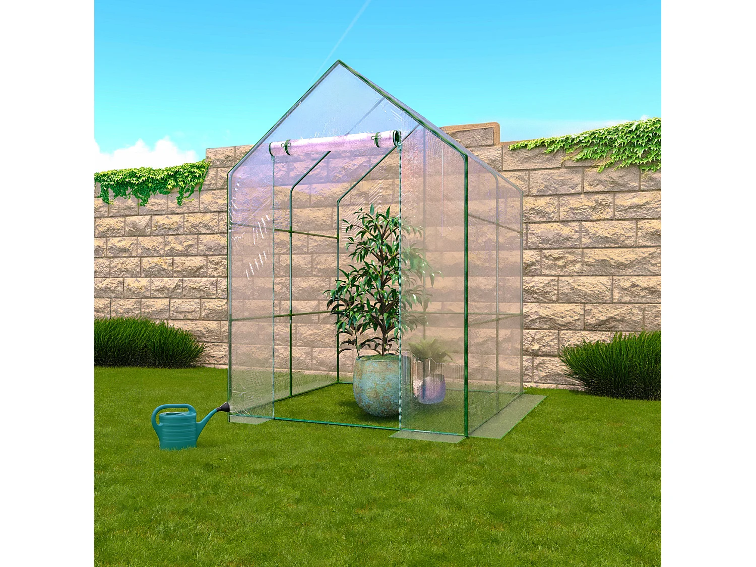 Serra Per Orto Giardino Terrazzo Balcone Senza Ripiani Struttura Metallo Verniciato Telo Trasparente PVC Porta Avvolgibile Apertura A Cerniera 140 x 140 x 195 Cm