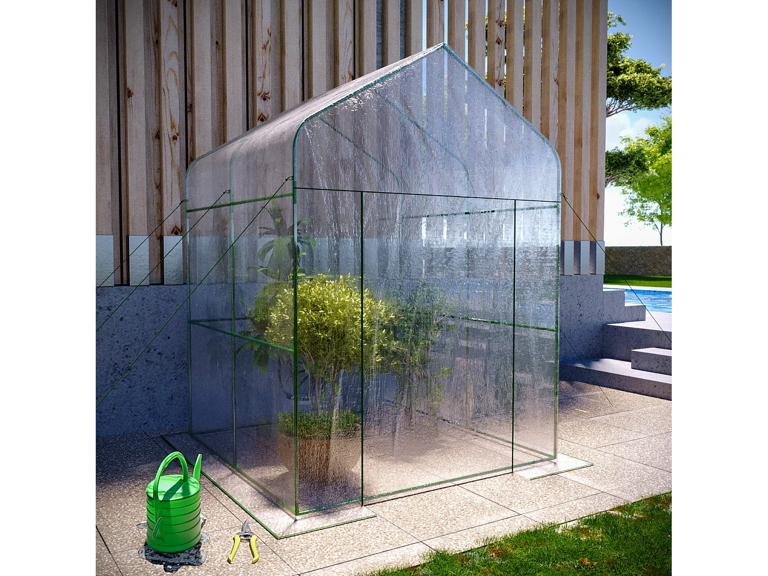Serra Da Giardino Per Orto Senza Ripiani Telaio In Metallo A Casetta In Acciaio Telo Trasparente In PVC Porta Avvolgibile Protezione Piante 143 x 143 x 195 Cm