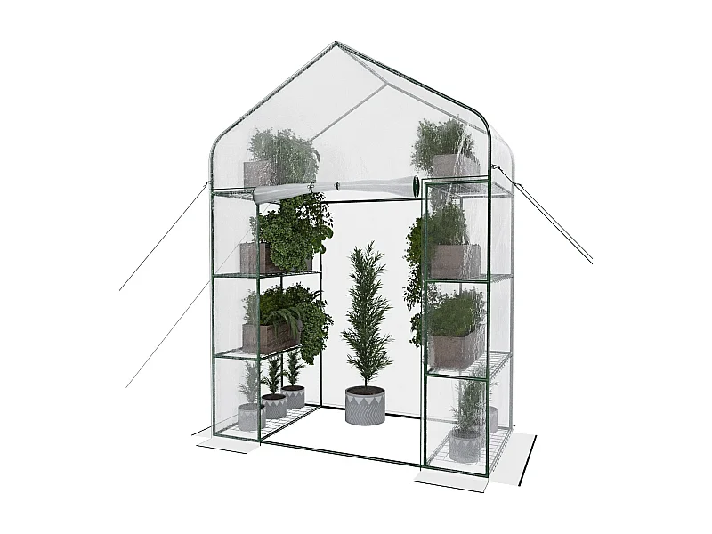 Serra Giardino Orto Con 8 Ripiani In Metallo Telaio A Casetta In Acciaio Telo Trasparente PVC Porta Avvolgibile Apertura A Cerniera 143x74x195 Cm