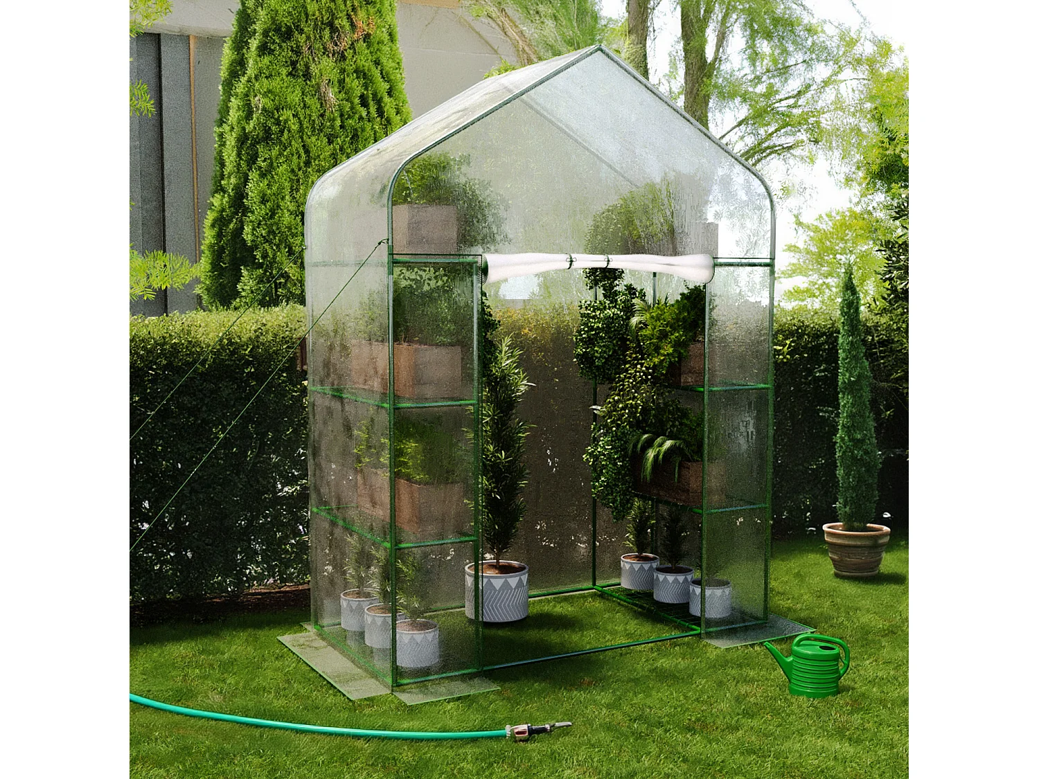 Serra Da Giardino Per Orto Con 8 Ripiani In Metallo Telaio A Casetta In Acciaio Telo Trasparente In PVC Porta Avvolgibile Apertura A Cerniera 143 x 74 x 195 Cm