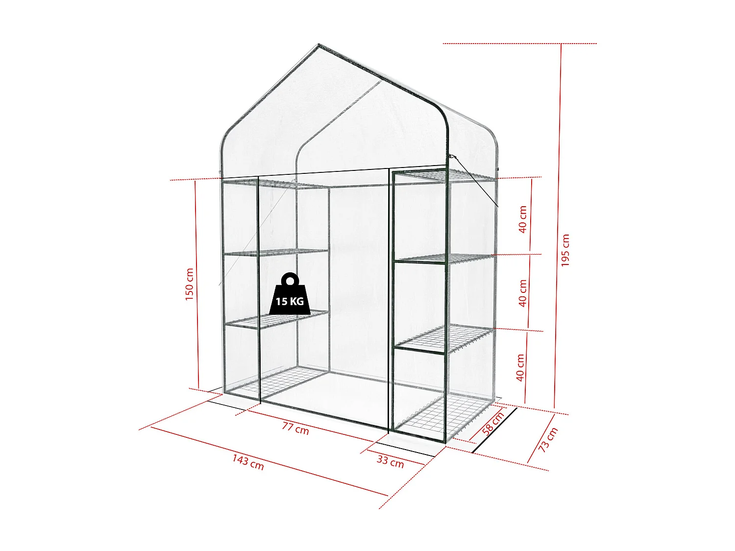 Serra Da Giardino Per Orto Con 8 Ripiani In Metallo Telaio A Casetta In Acciaio Telo Trasparente In PVC Porta Avvolgibile Apertura A Cerniera 143 x 74 x 195 Cm