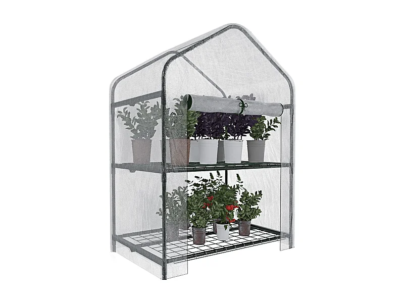 Serra A 2 Ripiani Da Giardino Per Orto Telaio In Acciaio Verniciato Telo PVC Trasparente Porta Avvolgibile Apertura A Cerniera  69x49x125 Cm