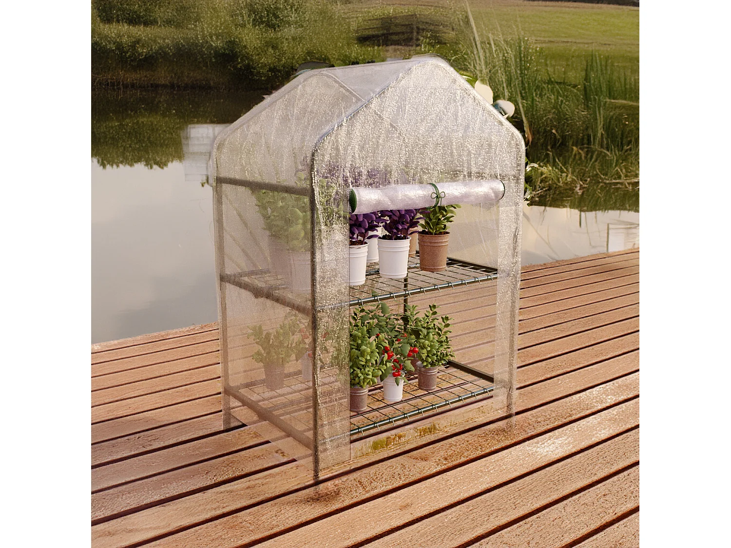 Serra A 2 Ripiani Da Giardino Per Orto Telaio In Acciaio Telo In PVC Trasparente Porta Avvolgibile Apertura A Cerniera Protezione Piante Giardinaggio 69x49x125 Cm