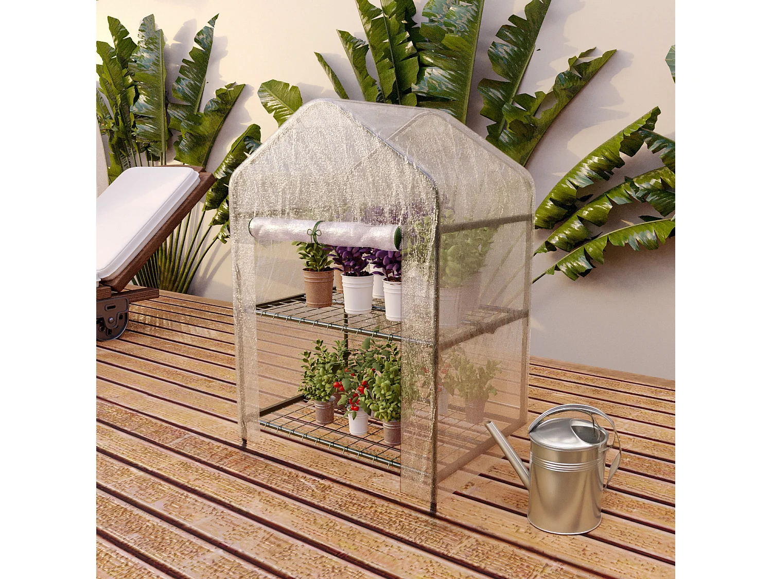 Serra A 2 Ripiani Da Giardino Per Orto Telaio In Acciaio Telo In PVC Trasparente Porta Avvolgibile Apertura A Cerniera Protezione Piante Giardinaggio 69x49x125 Cm