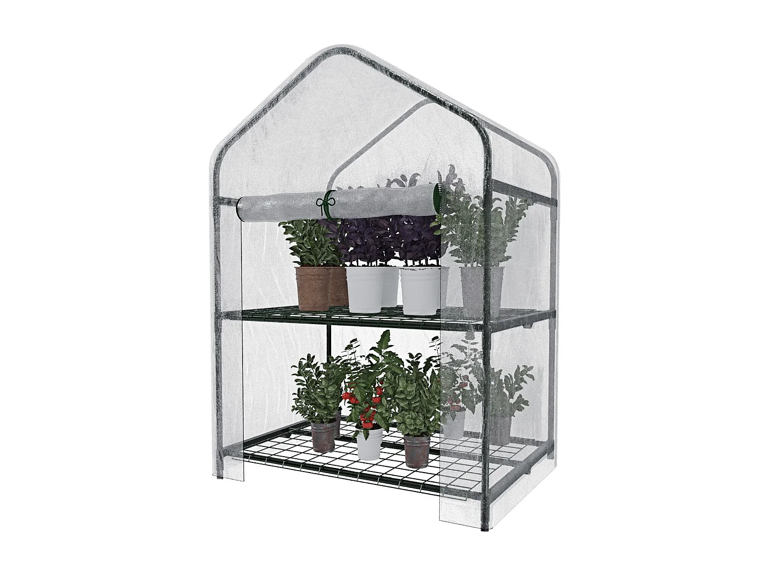 Serra A 2 Ripiani Da Giardino Per Orto Telaio In Acciaio Telo In PVC Trasparente Porta Avvolgibile Apertura A Cerniera Protezione Piante Giardinaggio 69x49x125 Cm