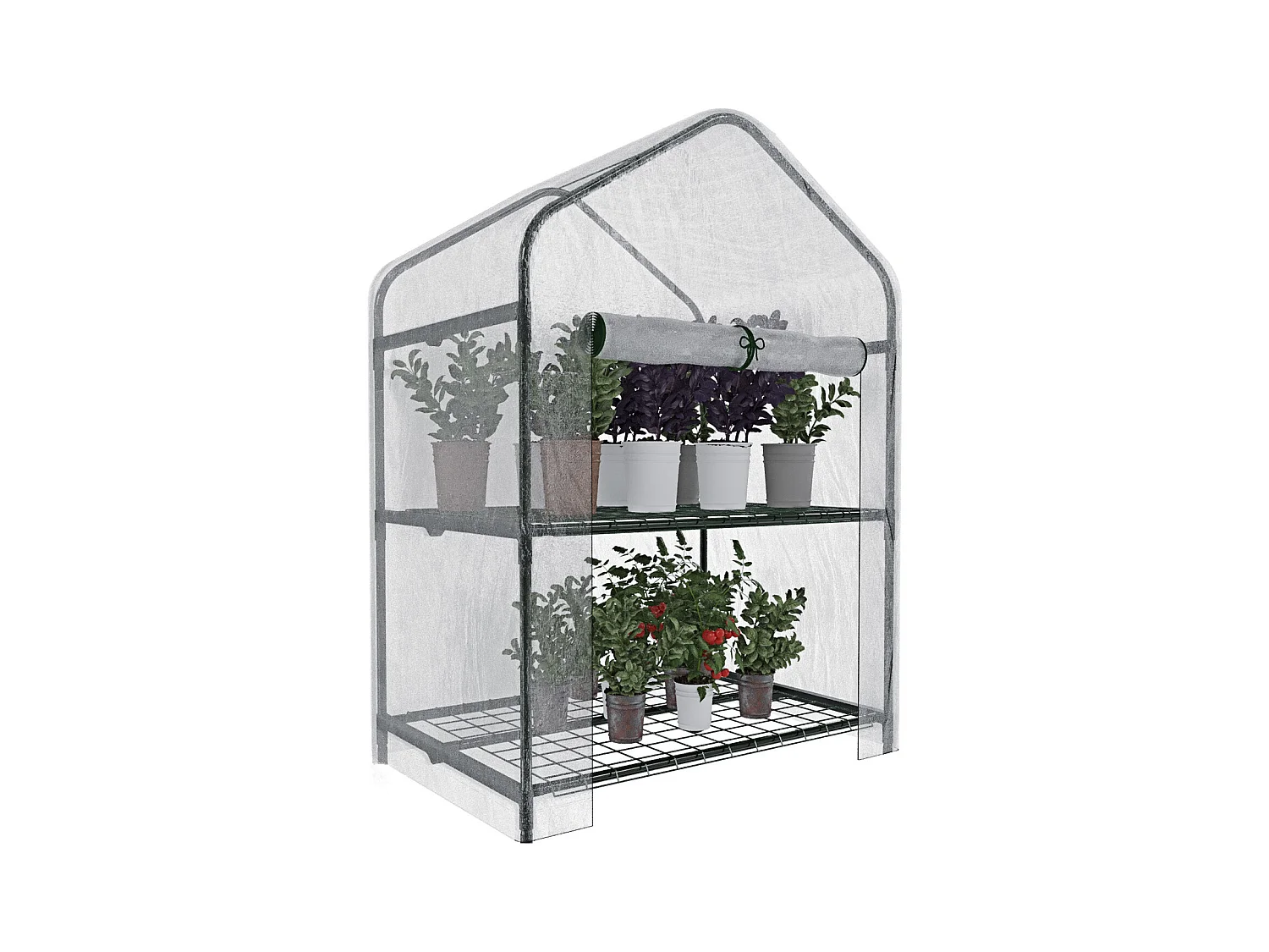 Serra A 2 Ripiani Da Giardino Per Orto Telaio In Acciaio Verniciato Telo PVC Trasparente Porta Avvolgibile Apertura A Cerniera  69x49x125 Cm