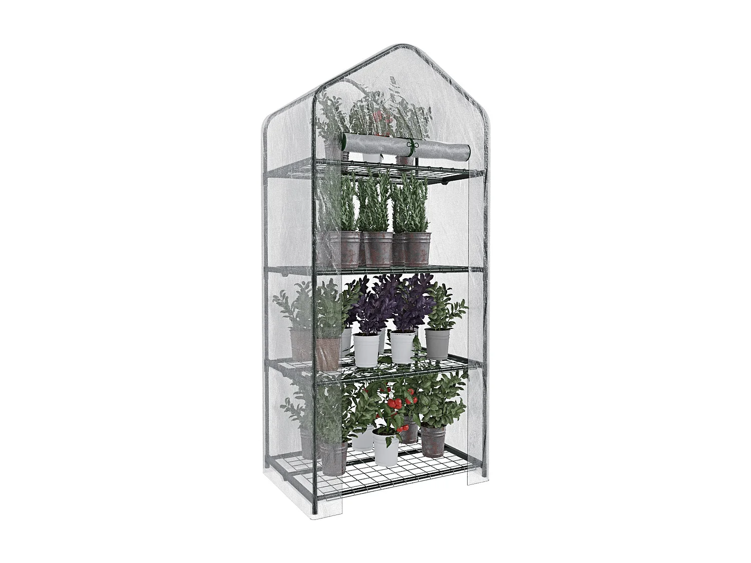 Serra A 4 Ripiani Da Giardino Per Orto Telaio In Acciaio Verniciato Telo In PVC Trasparente Porta Avvolgibile Apertura A Cerniera 69x49x160 Cm