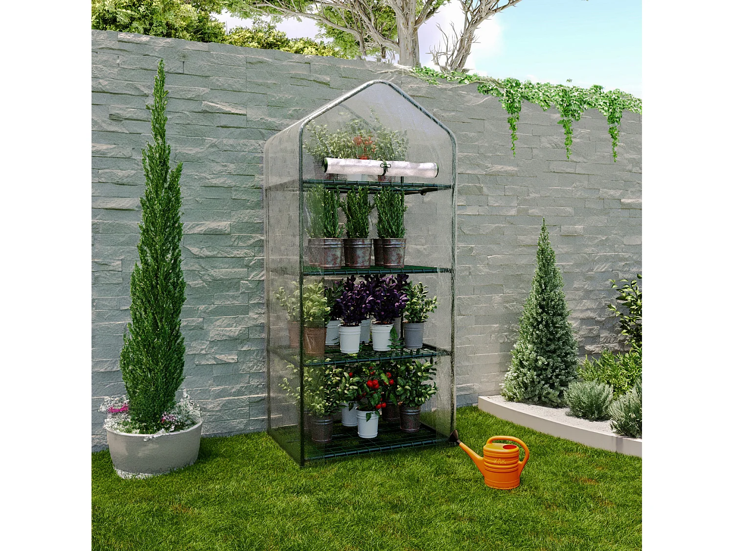 Serra A 4 Ripiani Da Giardino Per Orto Telaio In Acciaio Verniciato Telo In PVC Trasparente Porta Avvolgibile Apertura A Cerniera 69x49x160 Cm