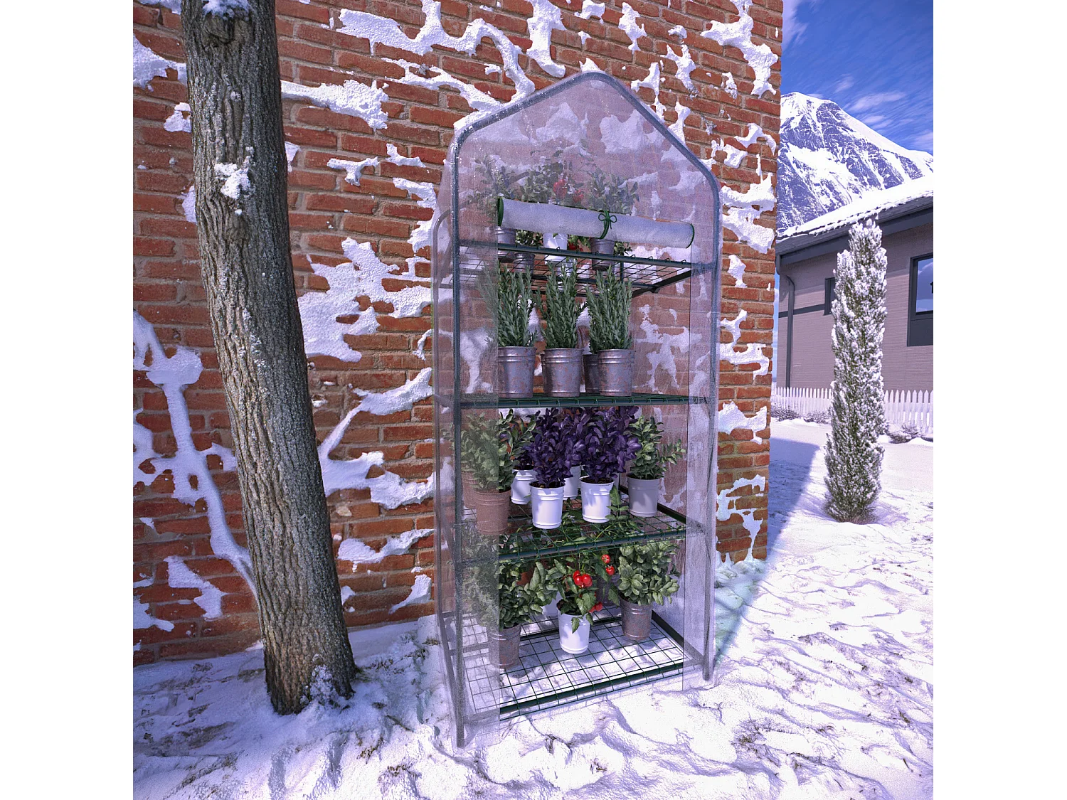 Serra A 4 Ripiani Da Giardino Per Orto Telaio In Acciaio Verniciato Telo In PVC Trasparente Porta Avvolgibile Apertura A Cerniera 69x49x160 Cm