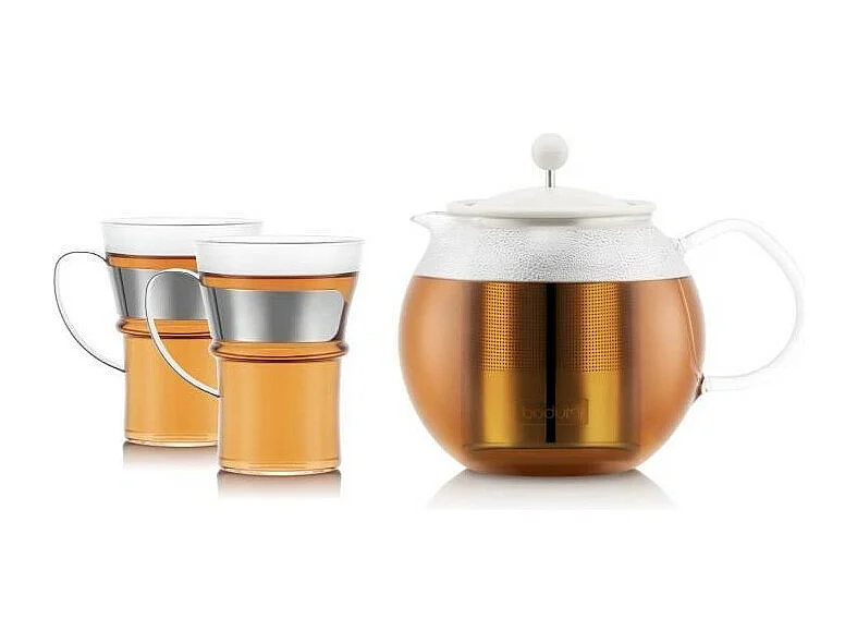 Juego de Tetera de Pistón BODUM ASSAM - 1.0L con Filtro de Acero Inoxidable, Tapa de Plástico y 2 Tazas de Vidrio con Asa de Acero Inoxidable 0.35L