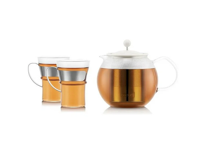 Théiere a piston - BODUM - ASSAM SET - 1.0 l avec filtre inox, couvercle plastique + 2 tasses verre anse inox 0.35 l