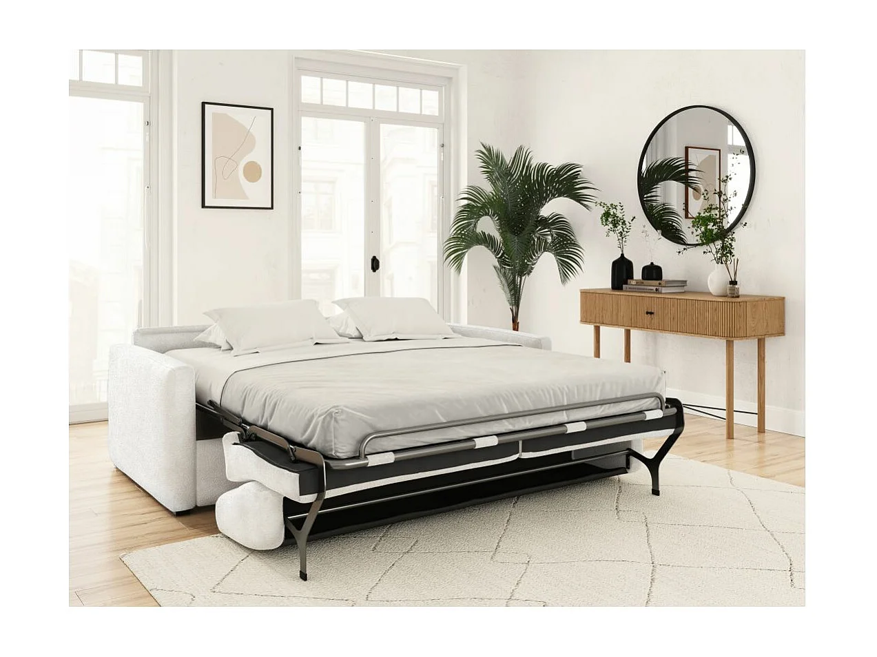 Canapé convertible express 3 places AGATHE en tissu bouclette - Matelas 13cm - Blanc - 140x190cm