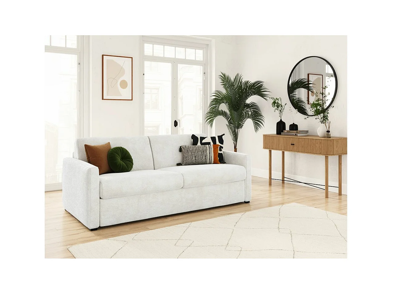 Canapé convertible express 3 places AGATHE en tissu bouclette - Matelas 13cm - Blanc - 140x190cm
