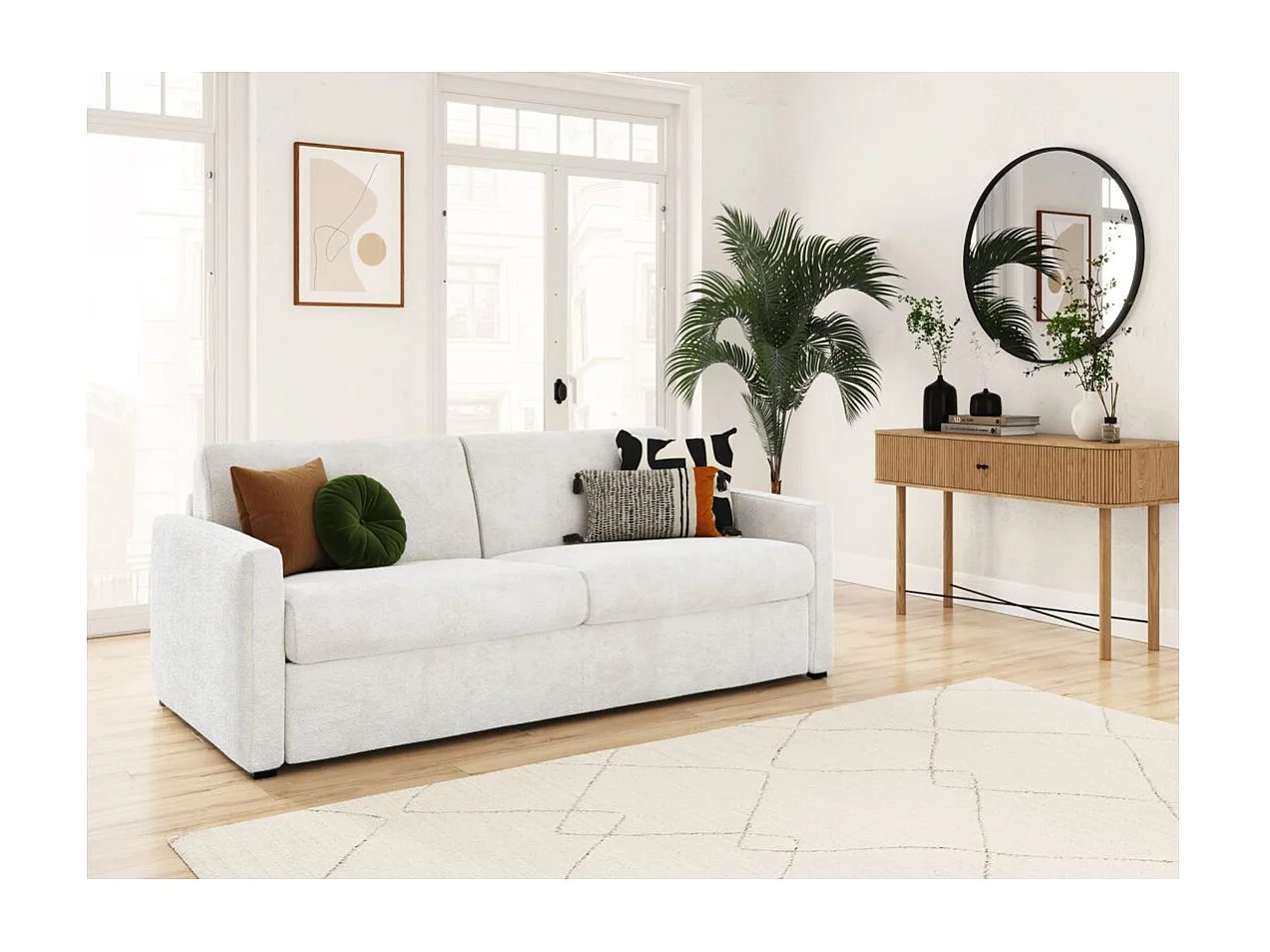 Canapé convertible express 3 places AGATHE en tissu bouclette - Matelas 13cm - Blanc - 140x190cm