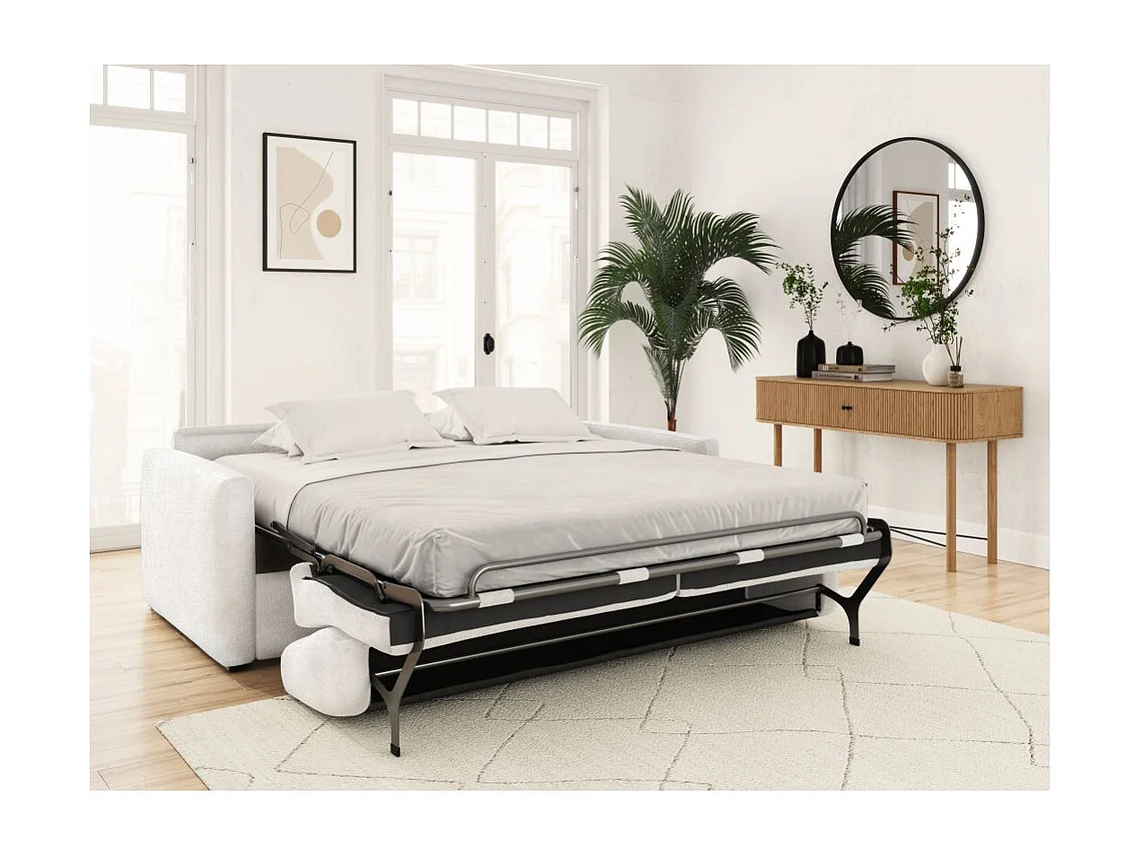 Canapé convertible express 3 places AGATHE en tissu bouclette - Matelas 13cm - Blanc - 140x190cm