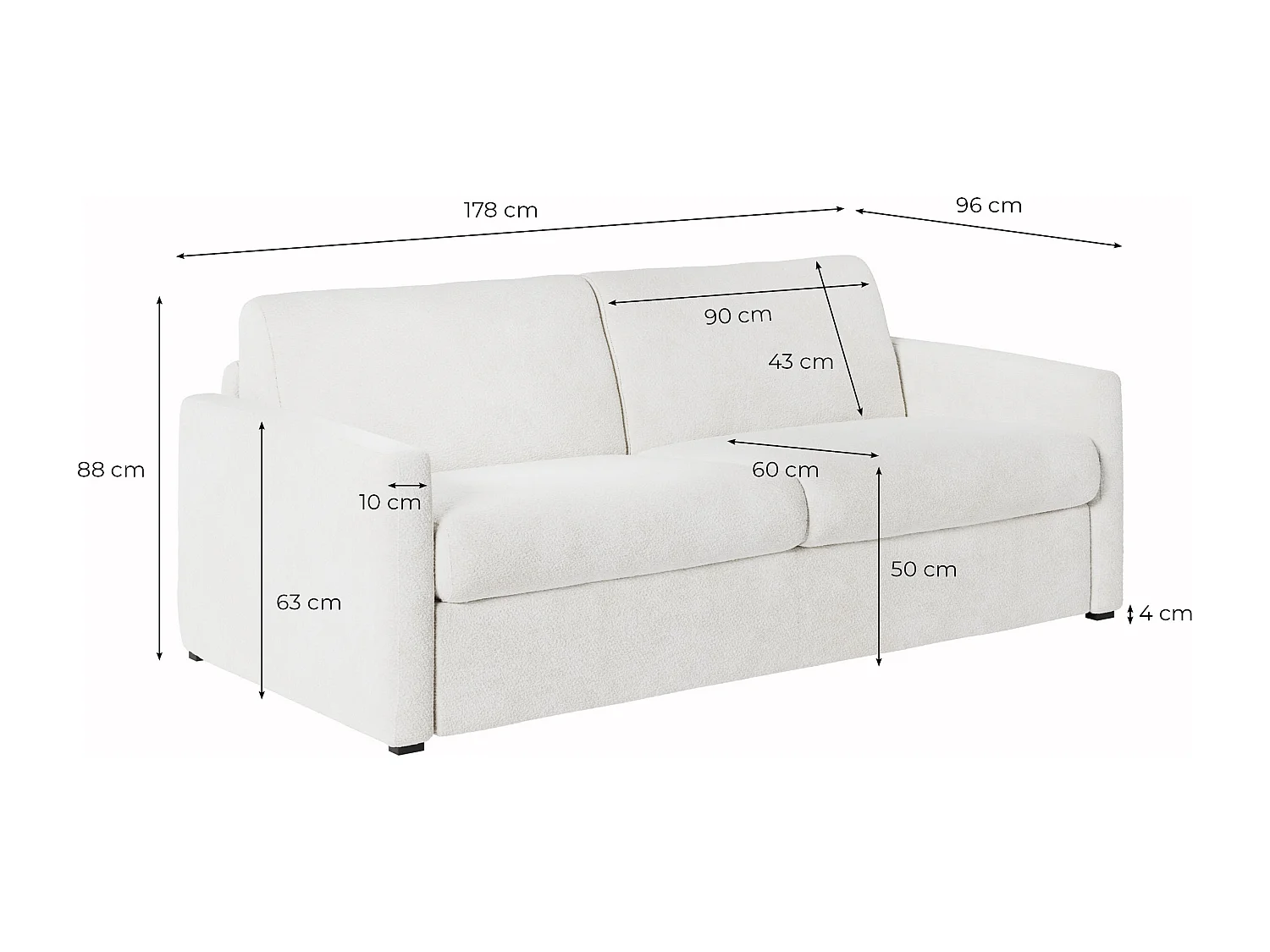 Canapé convertible express 3 places AGATHE en tissu bouclette - Matelas 13cm - Blanc - 140x190cm