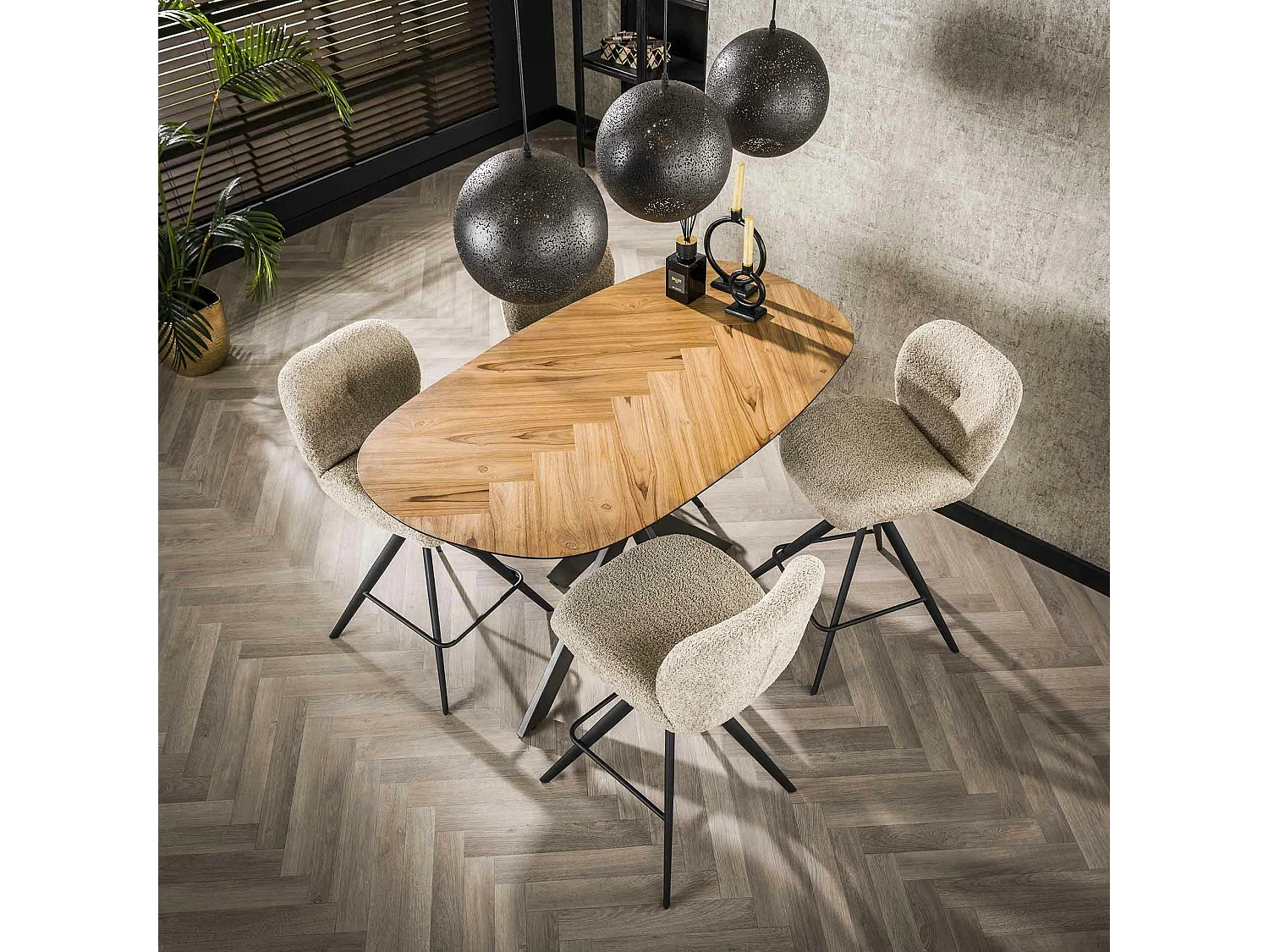 Table bar teck bords arrondis motif chevron 140 cm MAYA