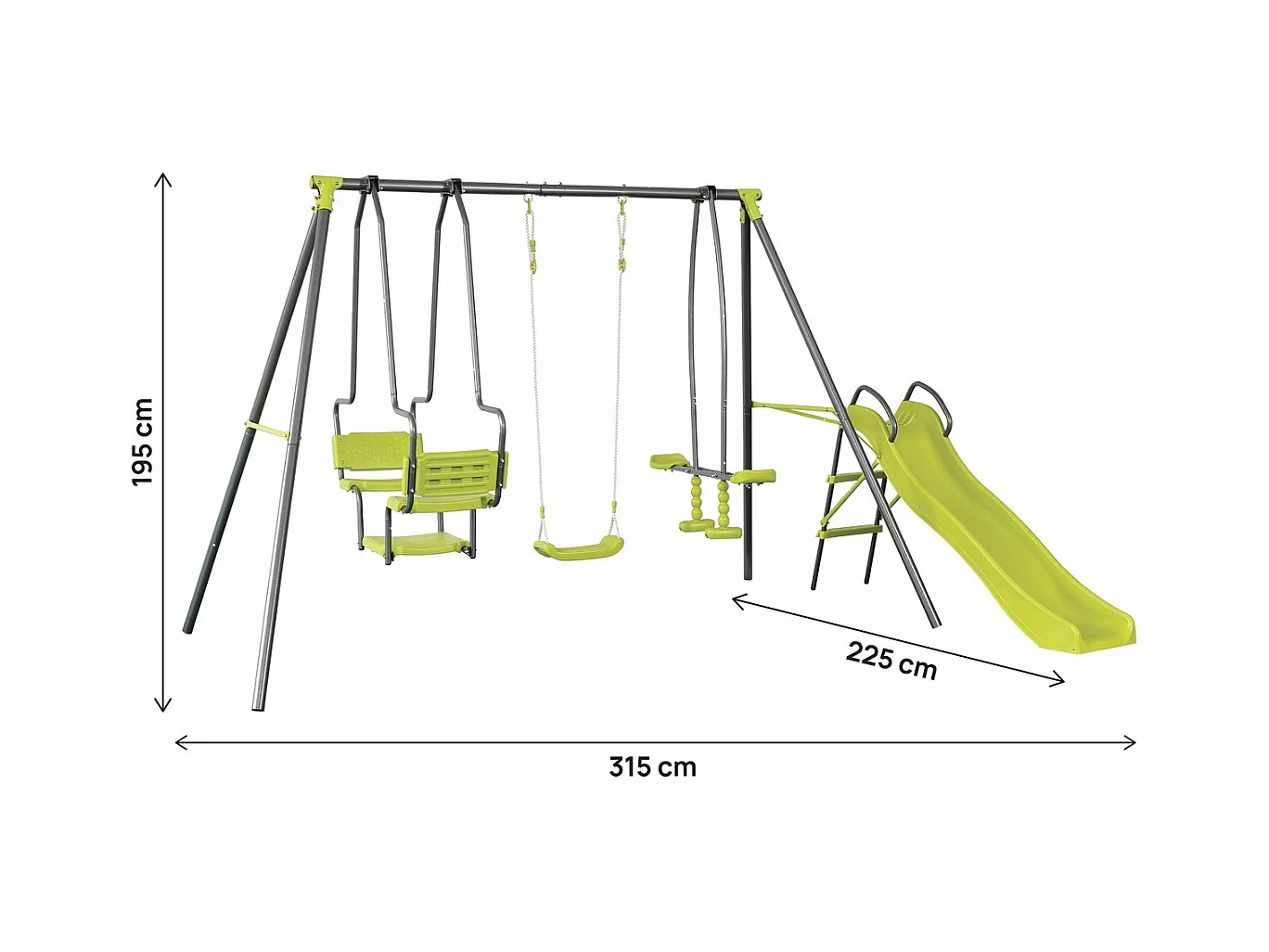 Altalena in metallo "Ludo II" con 4 attrezzi per bambini - 315 x 225 x 195 cm - Verde