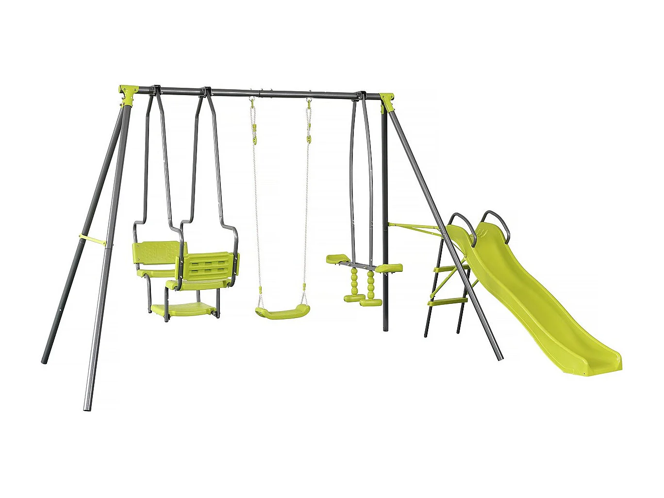 Altalena in metallo "Ludo II" con 4 attrezzi per bambini - 315 x 225 x 195 cm - Verde