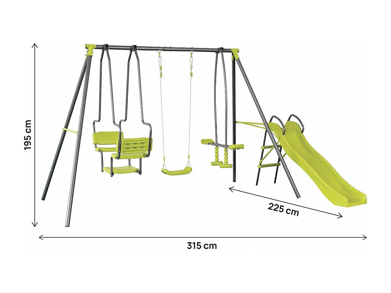 Altalena in metallo "Ludo II" con 4 attrezzi per bambini - 315 x 225 x 195 cm - Verde