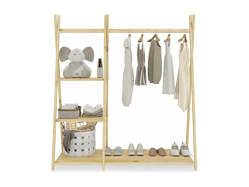 Penderie enfant LOTTE avec 3 étagères Montessori en bois massif coloris naturel 108x115x47 cm, idéale pour garde-robe compact