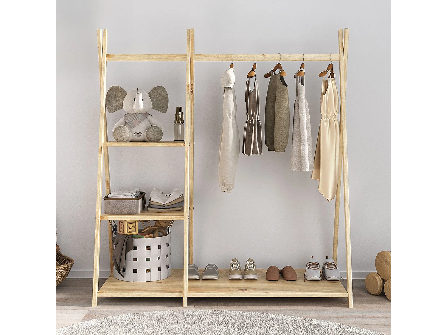 Penderie enfant LOTTE avec 3 étagères Montessori en bois massif coloris naturel 108x115x47 cm, idéale pour garde-robe compact