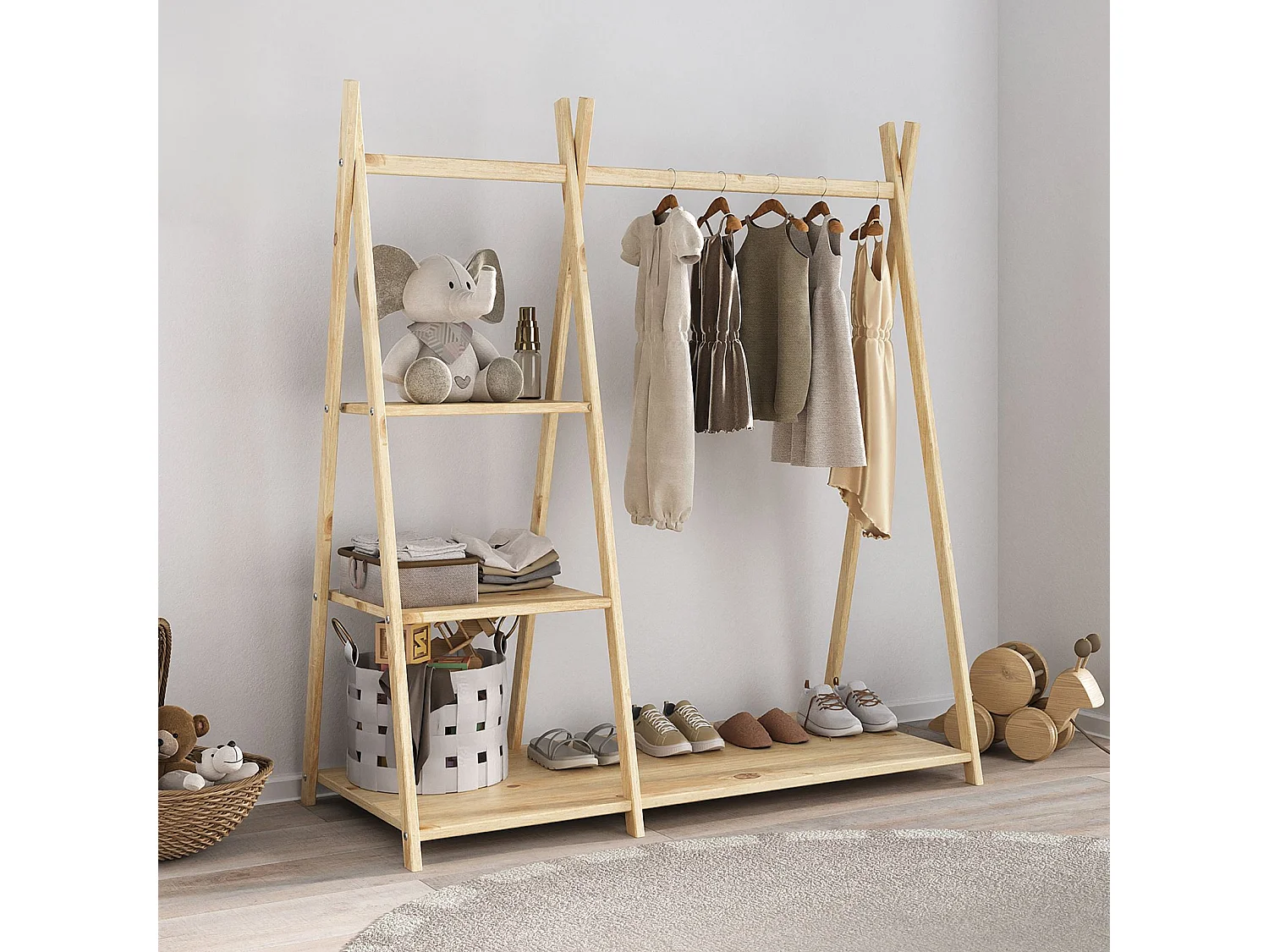 Penderie enfant LOTTE avec 3 étagères Montessori en bois massif coloris naturel 108x115x47 cm, idéale pour garde-robe compact