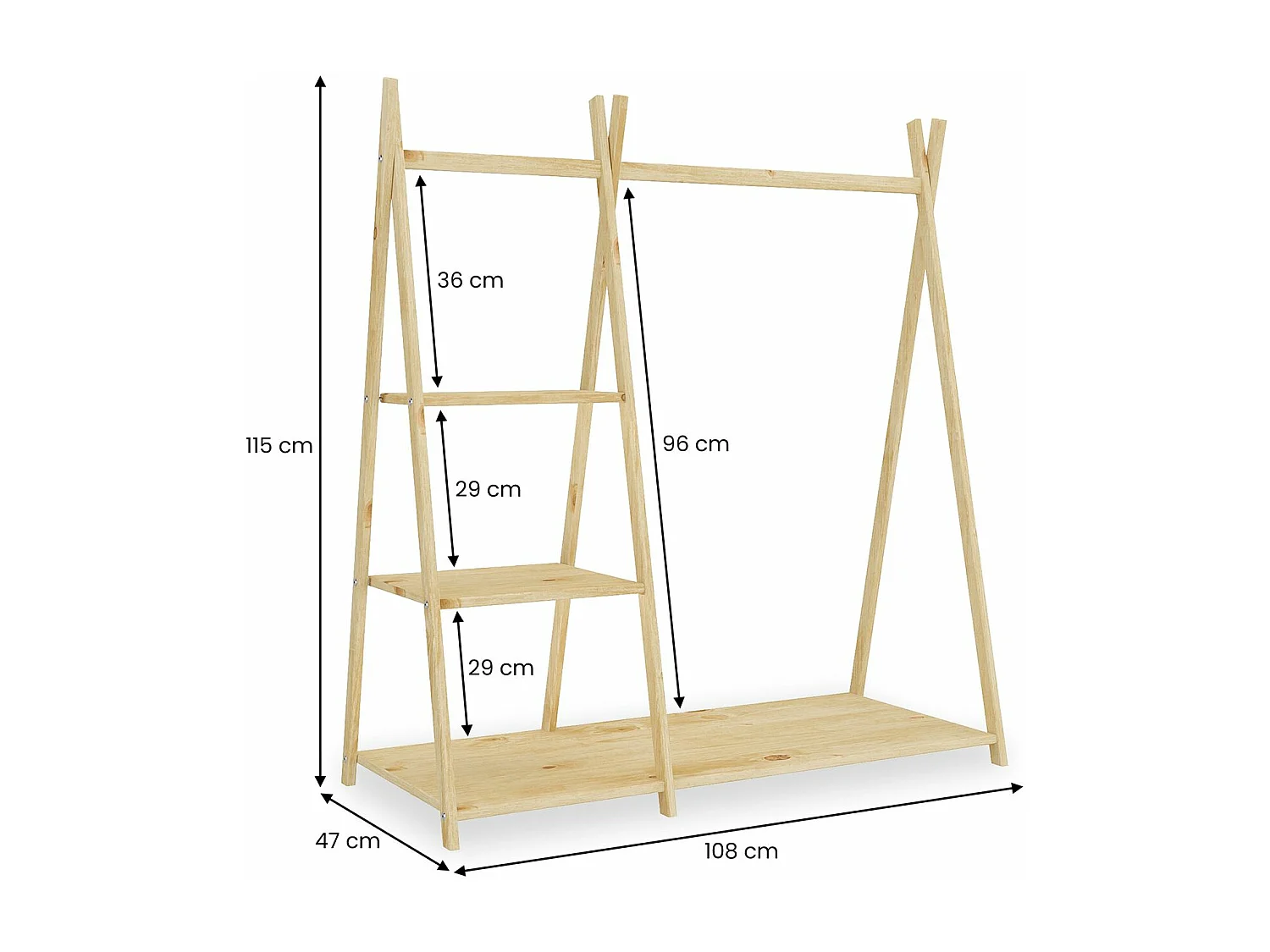 Penderie enfant LOTTE avec 3 étagères Montessori en bois massif coloris naturel 108x115x47 cm, idéale pour garde-robe compact