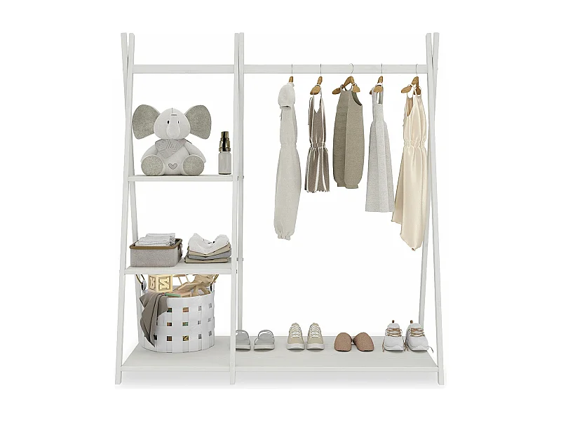 Penderie enfant LOTTE avec 3 étagères Montessori en bois massif blanc 108x115x47 cm, idéale pour garde-robe compact