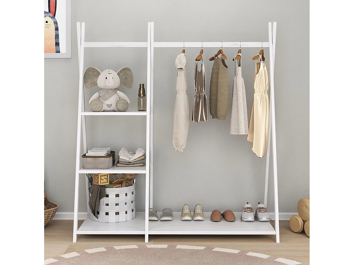 Penderie enfant LOTTE avec 3 étagères Montessori en bois massif blanc 108x115x47 cm, idéale pour garde-robe compact