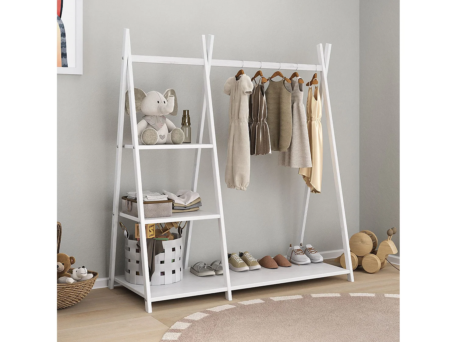 Penderie enfant LOTTE avec 3 étagères Montessori en bois massif blanc 108x115x47 cm, idéale pour garde-robe compact