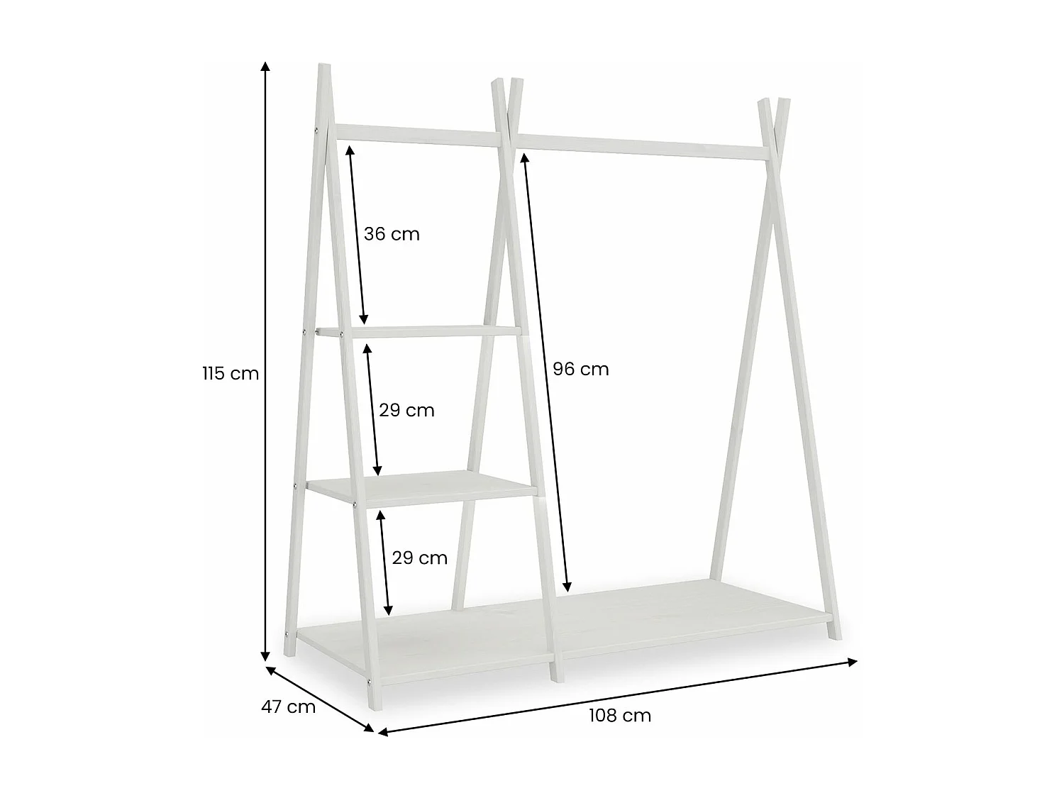 Penderie enfant LOTTE avec 3 étagères Montessori en bois massif blanc 108x115x47 cm, idéale pour garde-robe compact
