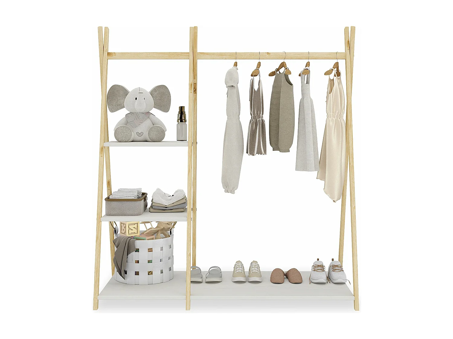 Penderie enfant LOTTE avec 3 étagères Montessori en bois massif coloris naturel et blanc 108x115x47 cm, idéale pour garde-robe