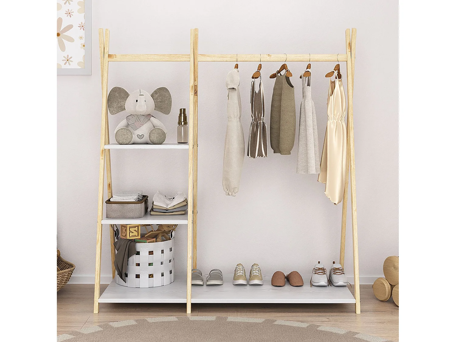 Penderie enfant LOTTE avec 3 étagères Montessori en bois massif coloris naturel et blanc 108x115x47 cm, idéale pour garde-robe