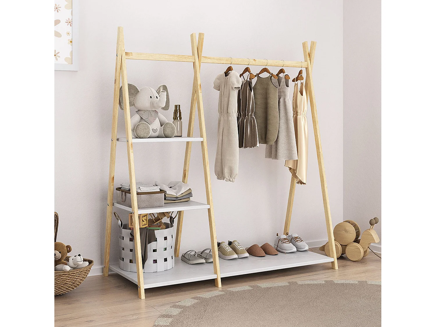 Penderie enfant LOTTE avec 3 étagères Montessori en bois massif coloris naturel et blanc 108x115x47 cm, idéale pour garde-robe
