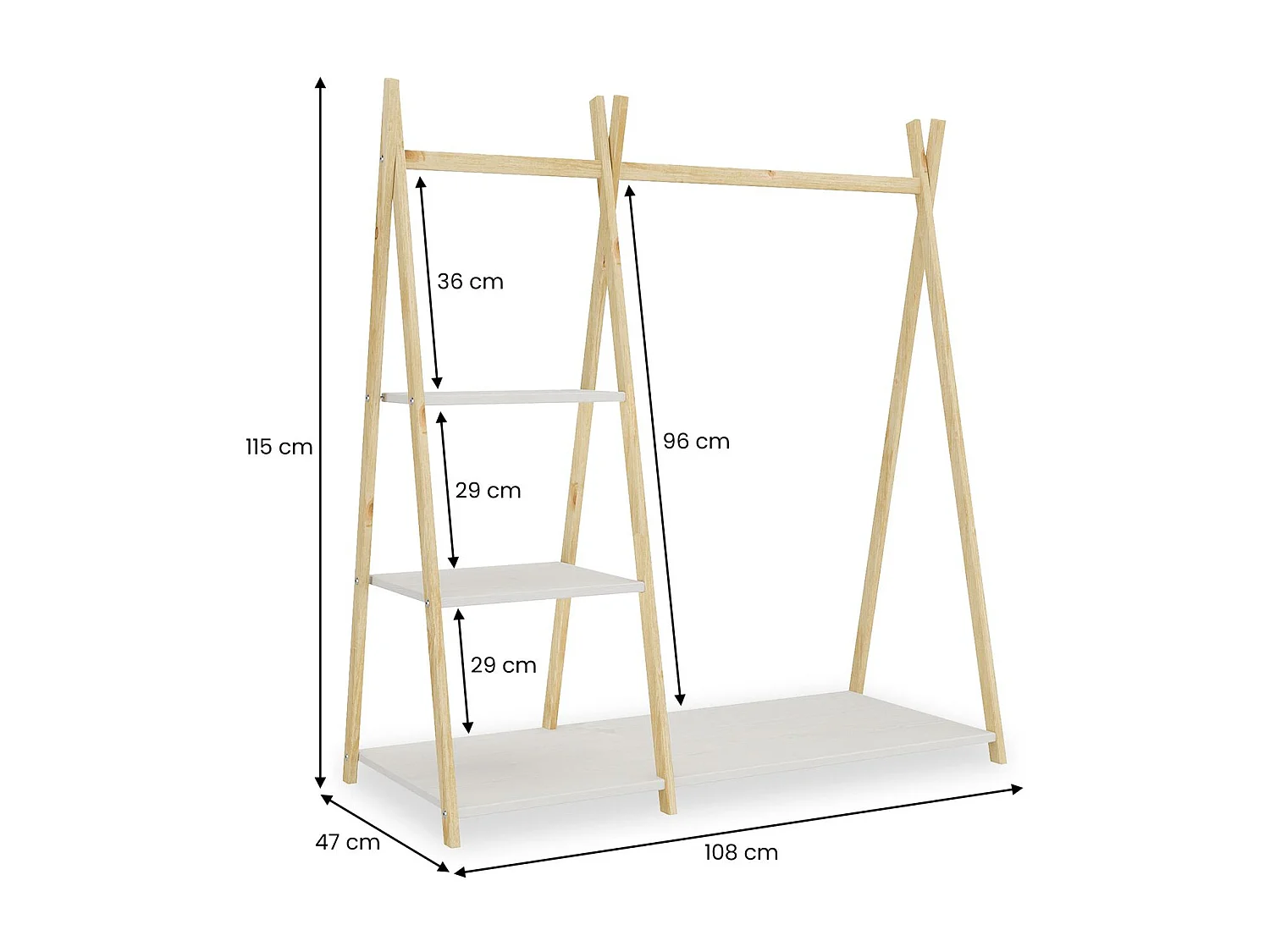 Penderie enfant LOTTE avec 3 étagères Montessori en bois massif coloris naturel et blanc 108x115x47 cm, idéale pour garde-robe