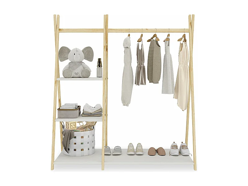 Penderie enfant LOTTE avec 3 étagères Montessori en bois massif coloris naturel et blanc 108x115x47 cm, idéale pour garde-robe