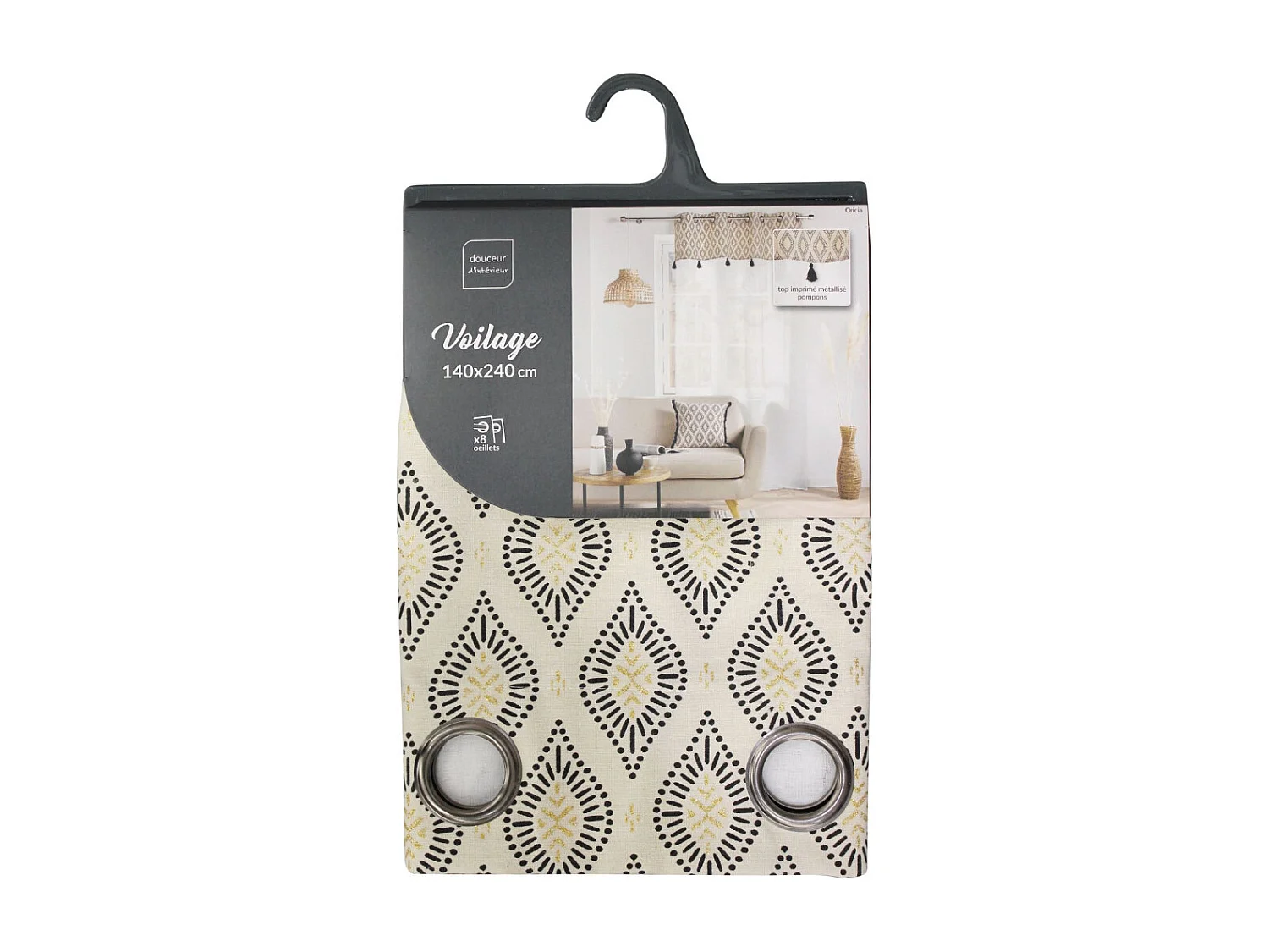 Vorhang mit bedrucktem Oberteil und Pompons