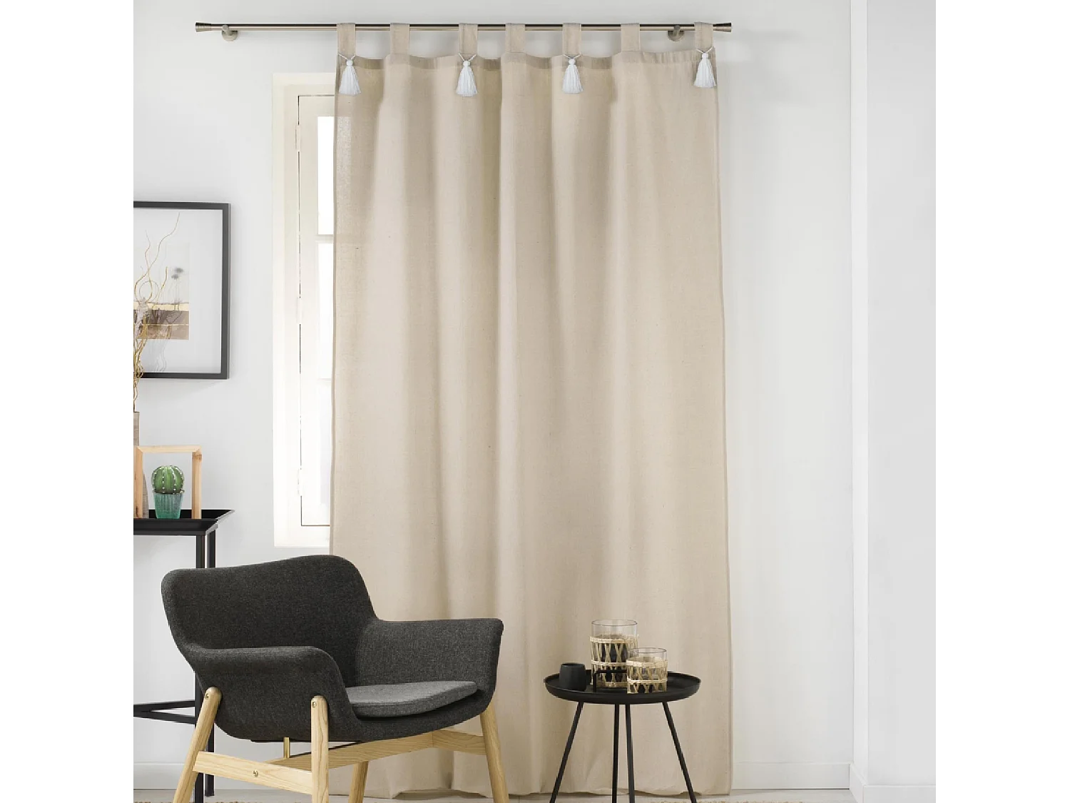 Rideau à Passants Pompons "Cyrine" 140x240cm Beige