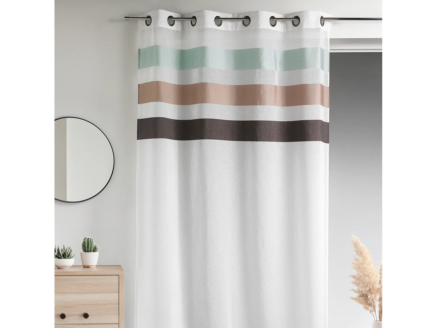 Visillo en estameña fantasía rayas horizontales anís