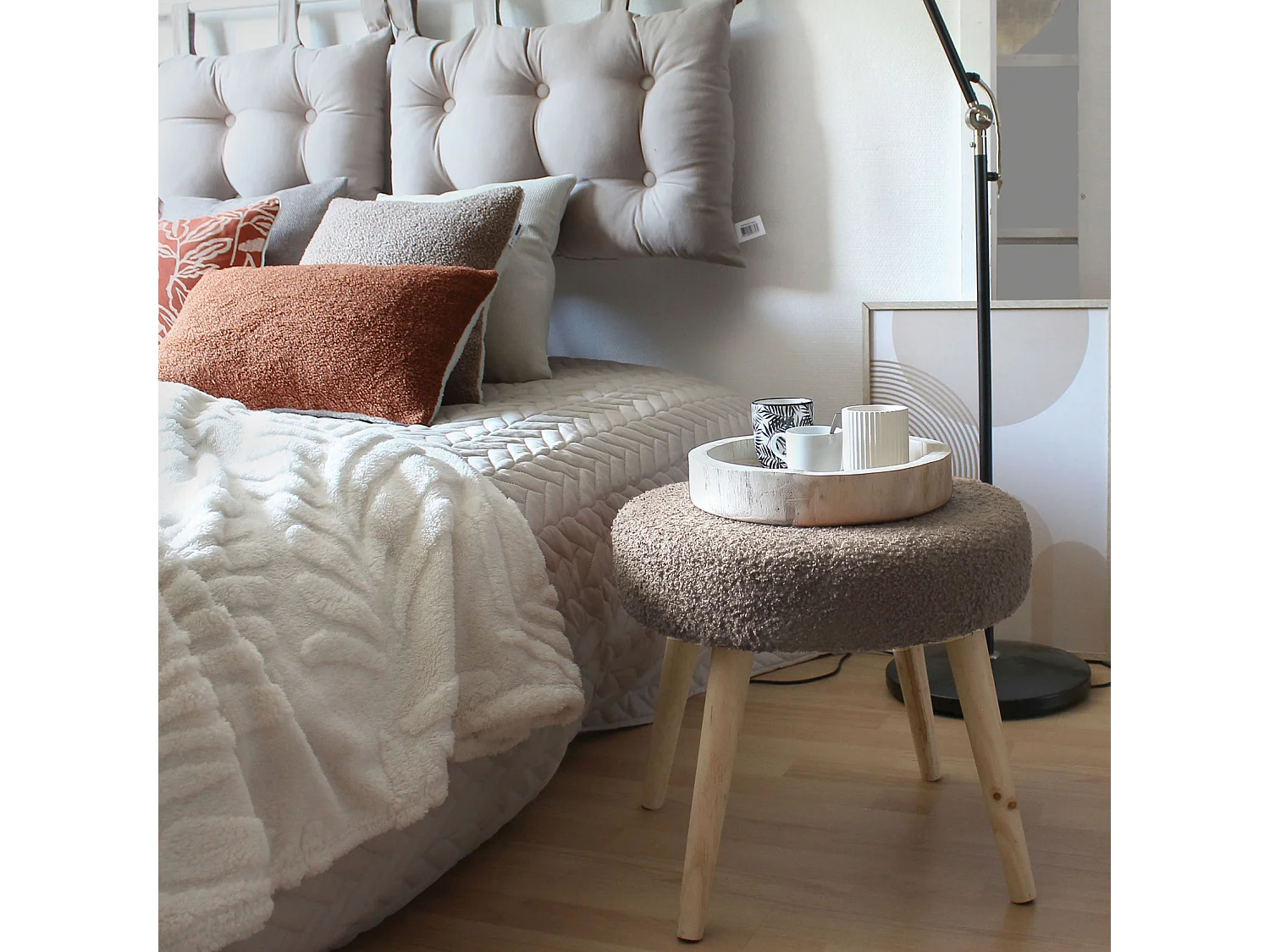 Tabouret Rond en Tissu Bouclé "Lodge" 45cm Taupe