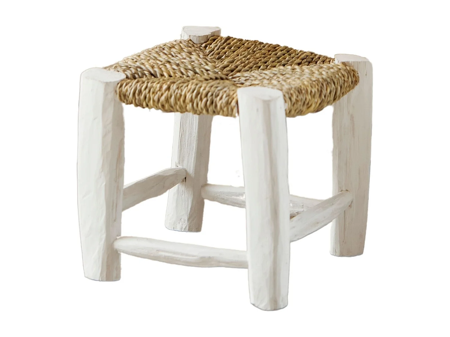 Taburete de madera blanco y fibras de palma 20 x 20 x 20 cm