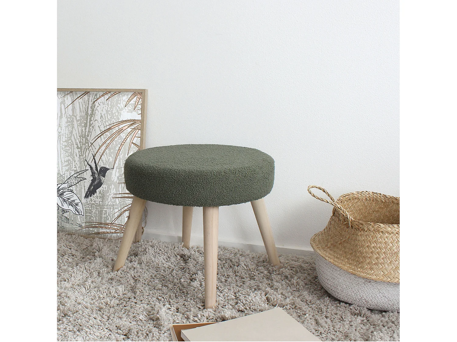 Tabouret Rond en Tissu Bouclé "Lodge" 45cm Vert Argile