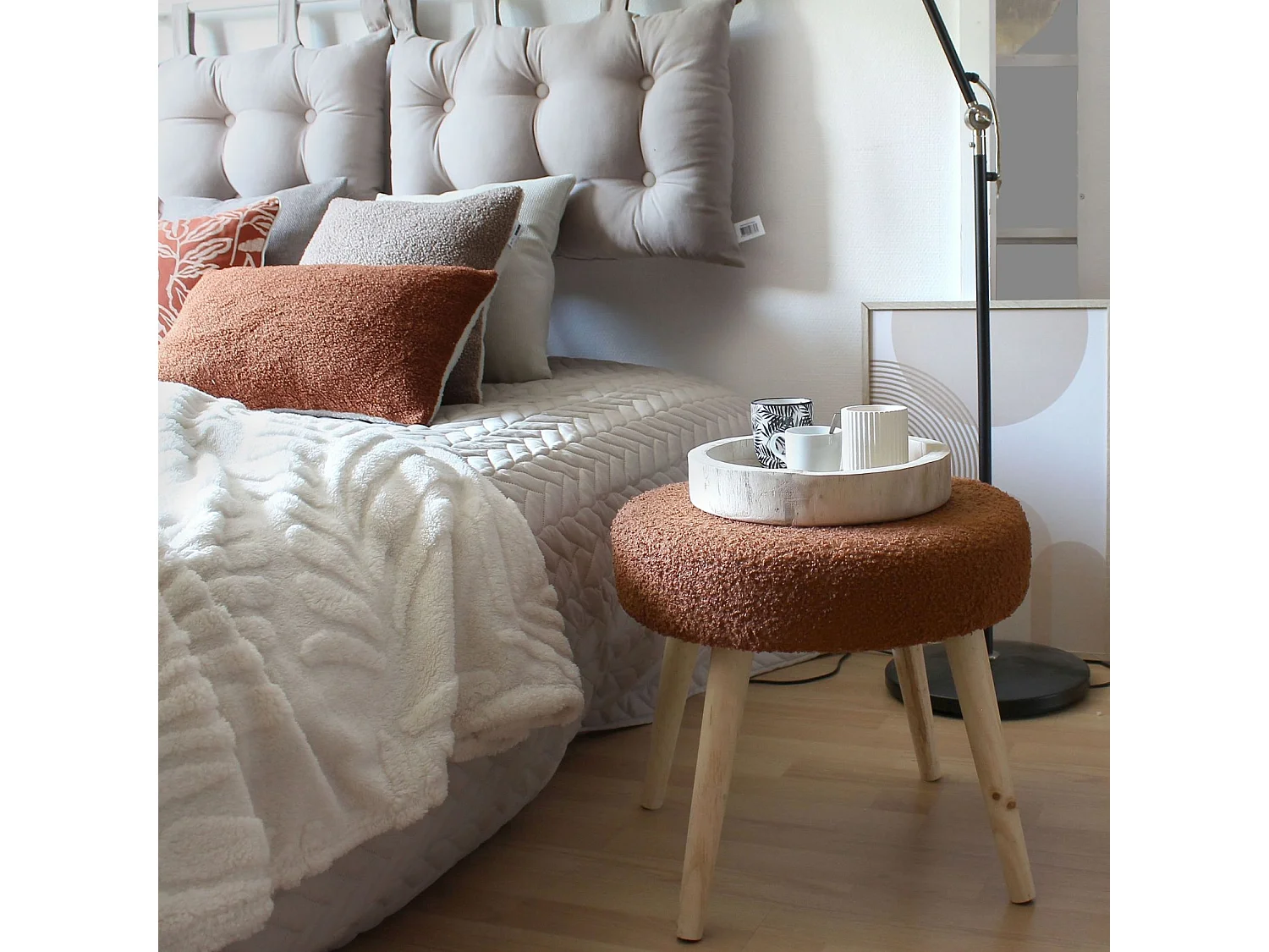 Tabouret Rond en Tissu Bouclé "Lodge" 45cm Terracotta